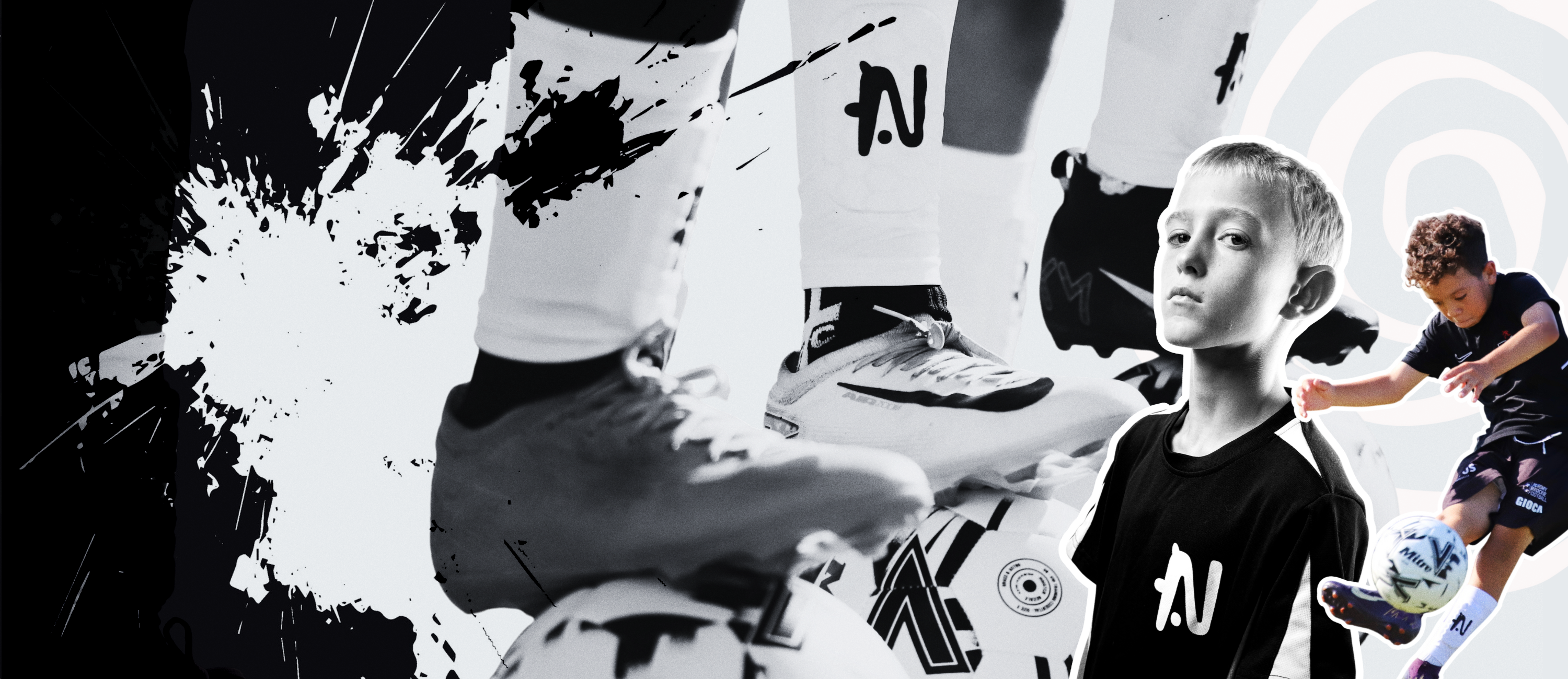 Black and white image showing close up football boots on a ball, with two young players layered in the foreground wearing black NTMG kits, one standing confidently with a crown graphic above his head and another mid skill with the ball, conveying confidence, focus, and grassroots football energy.