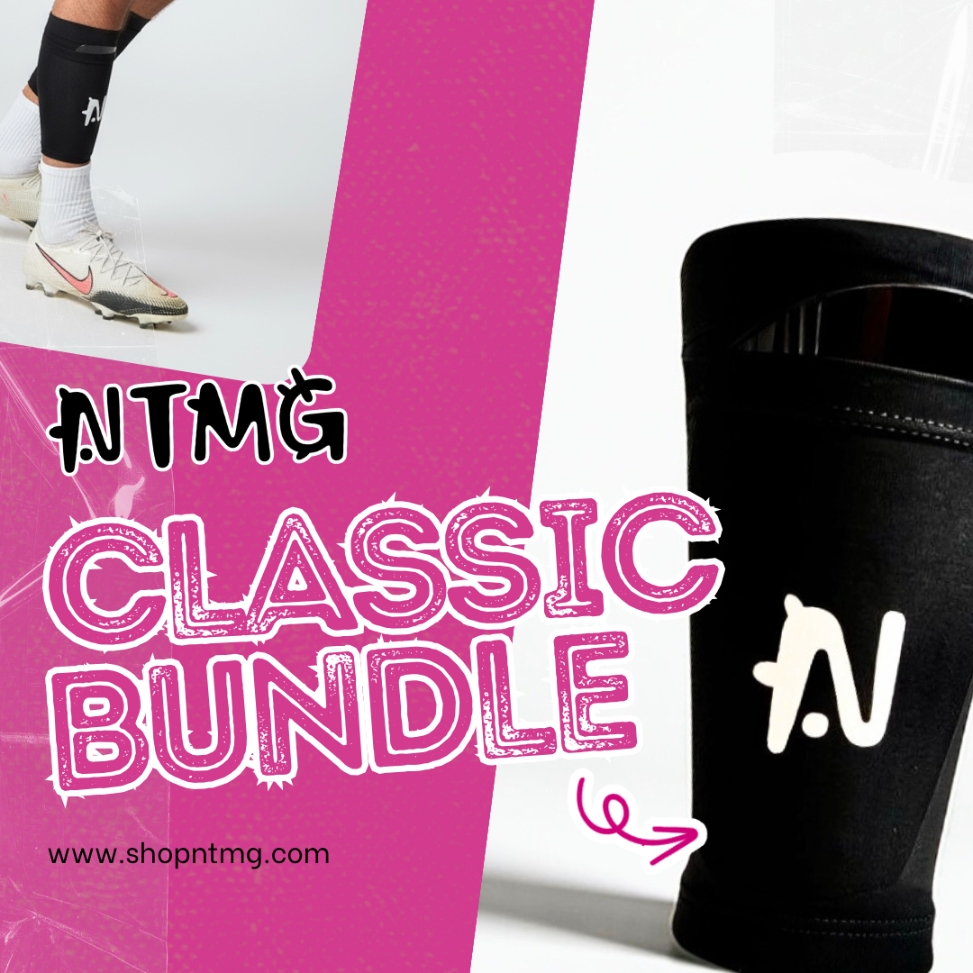 Promotional image for NTMG Classic Bundle with a black Original sleeve with classic shin guard and pink text overlay.
