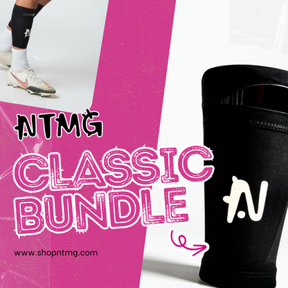 Promotional image for NTMG Classic Bundle with a black Original sleeve with classic shin guard and pink text overlay.