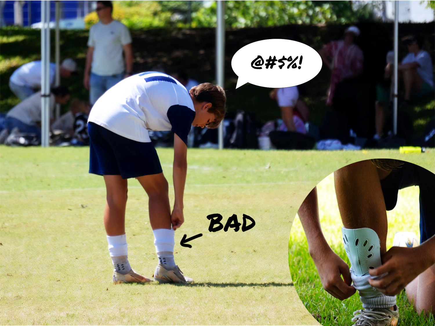 A your footballer stops mid-game to put his shin pad back on. There is a close up photo of a traditional shin pad, bulky hard plastic tucked into a sock. The text bad is written in marker pen pointing at the pad.