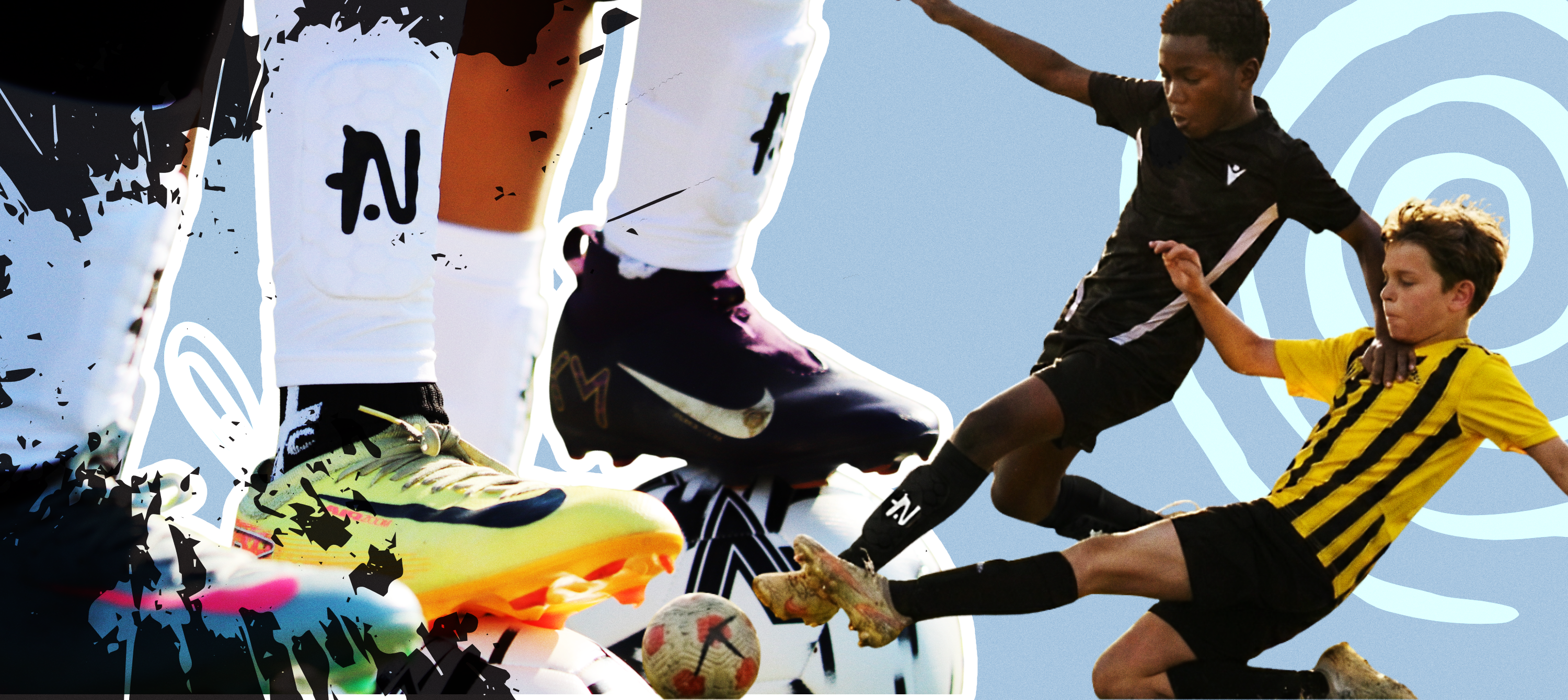 Soccer players in action with colorful shoes and cleats displayed.