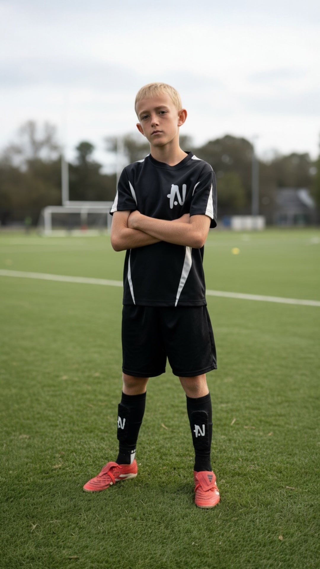 Football player standing on a soccer field wearing a black NTMG built-in shin guards