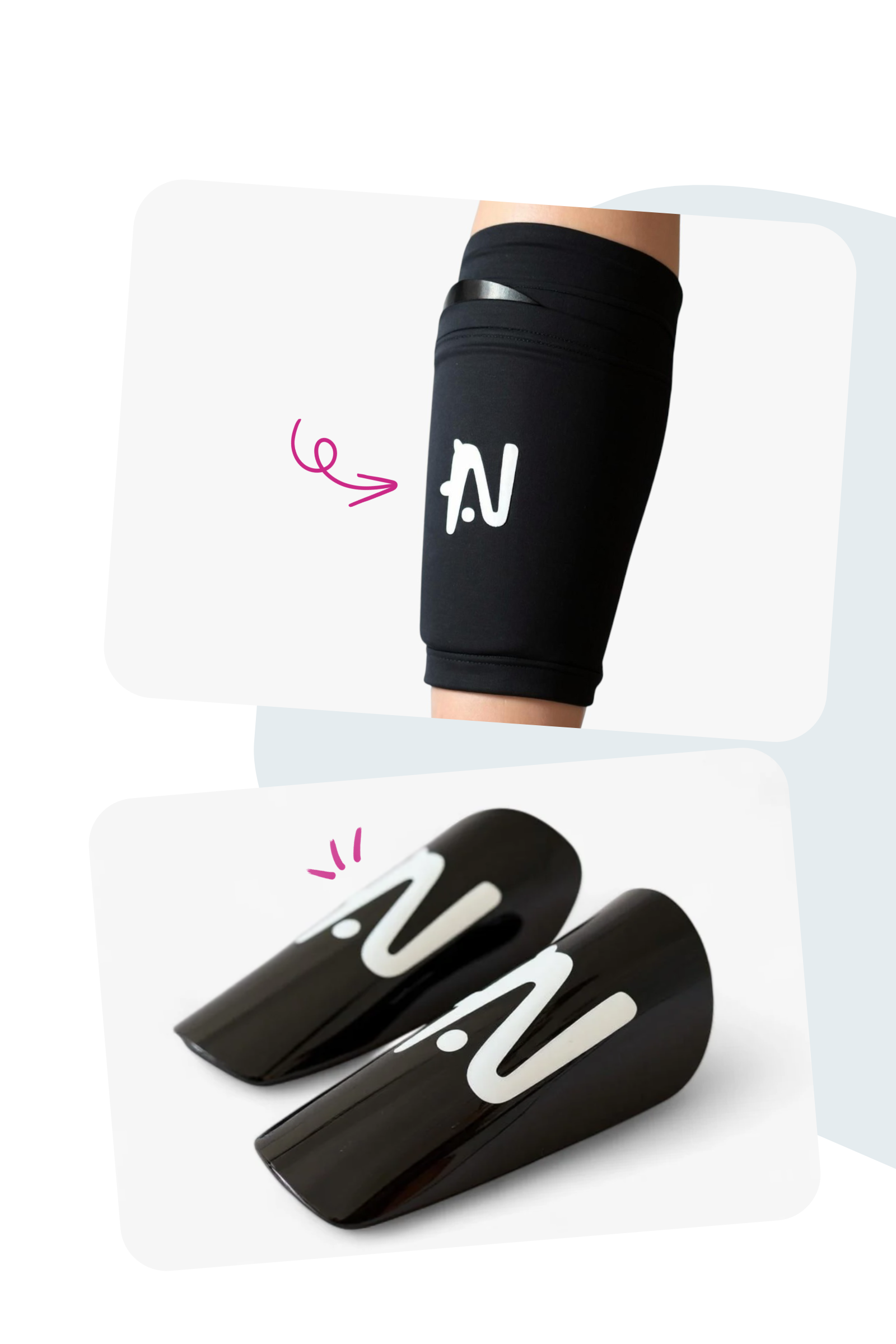 Black shin guards with a logo on a white background