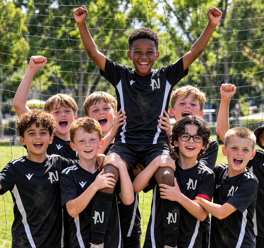 Children in soccer uniforms celebrating with arms raised on a soccer field.