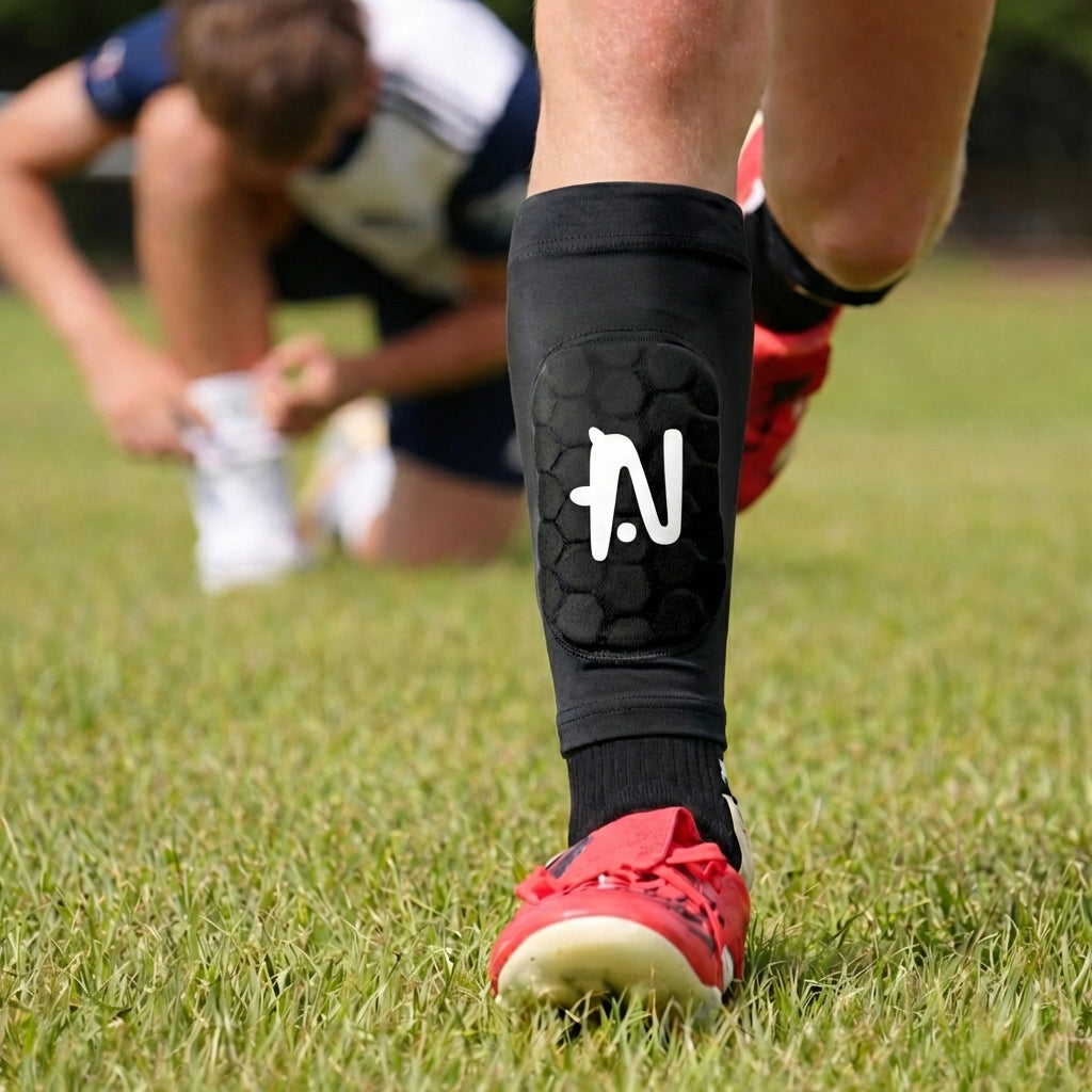 Person wearing a black shin guard with a logo on a grassy field