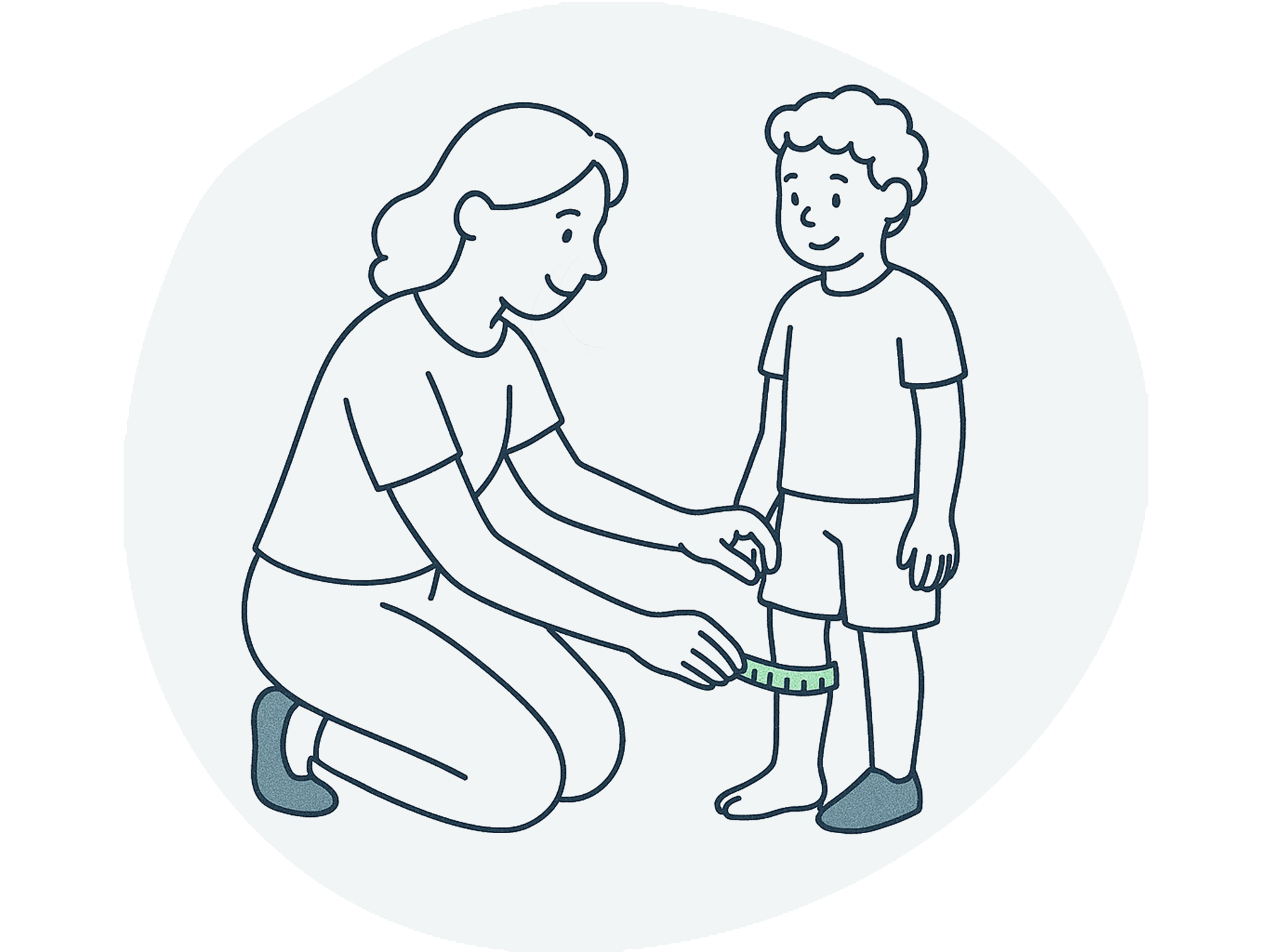 A simple hand drawn illustration of a mum measuring the circumference of her sons calf.
